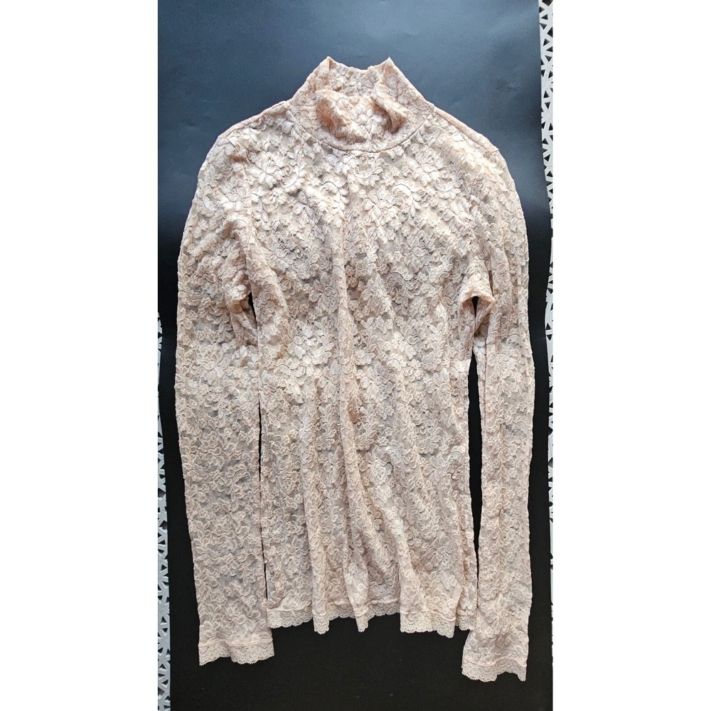 Y2K Sheer Lace Stretchy Peach Turtleneck Top Sz M Moda International